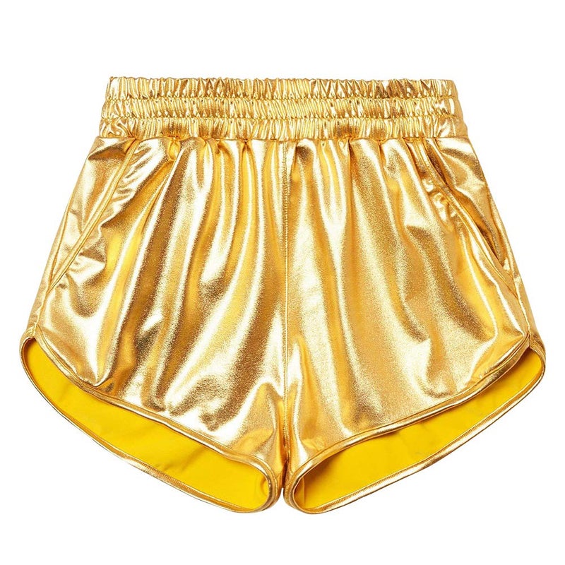 techcity Women's Yoga Hot Shorts Elastic Waist Shiny Metallic Pants (Gold, S) - Image 5
